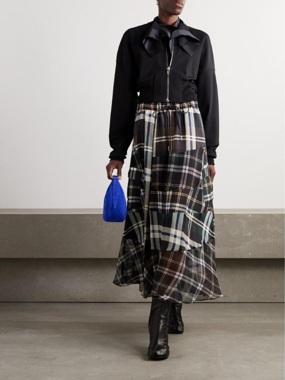 SACAI Green Brown Plaid Check Print Patchwork Flouncy A-Line Midi Maxi Skirt 1 S